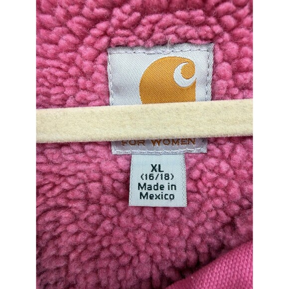 Carhartt Jacket Womens XL Pink Sherpa Canvas Work Barn Chore Coat hood Vest - Picture 2 of 14